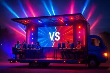 Compact mobile stage with players ready to start