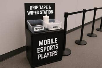 Grip tape and wipes station next to queue
