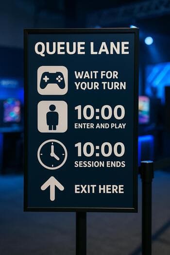 Queue lane signage with clear icons and timers