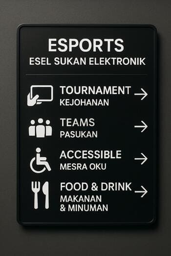 Venue wayfinding signage with two-language layout