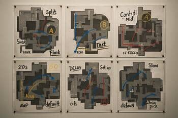 Wall of printed map diagrams with annotations