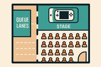 Compact venue floorplan with queue lanes and stage