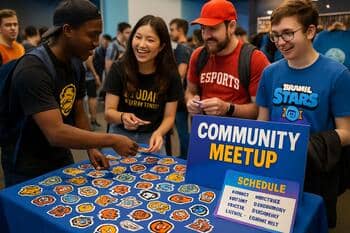 Community meetup table with stickers and schedule