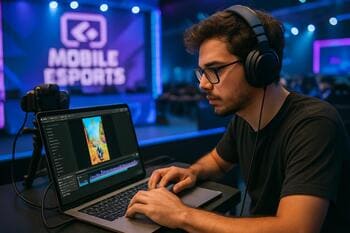 Creator editing vertical highlight on a laptop