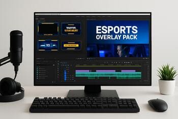Creator desk with clip timeline and branded overlay pack