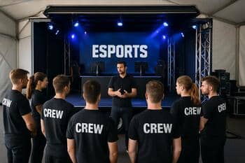 Crew briefing around the compact stage before doors open