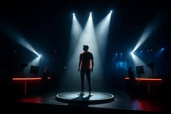 Night finals with spotlight intros on a micro-stage