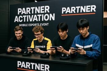 Partner activation moment with players at a compact booth