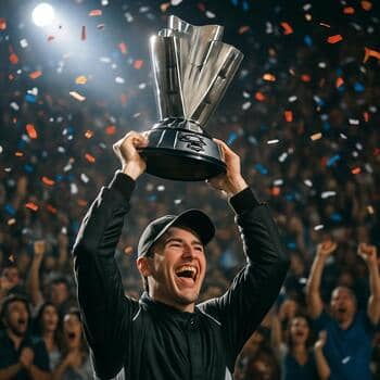 Sprint-Cup winner lifting a compact chrome trophy