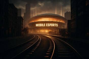 Train rail curving toward a stadium district