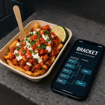 Street food tray next to a phone with bracket app