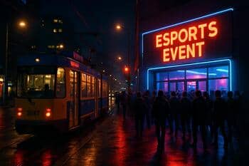 Night tram departing near the venue