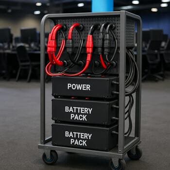 Power cart with labeled battery packs and cables