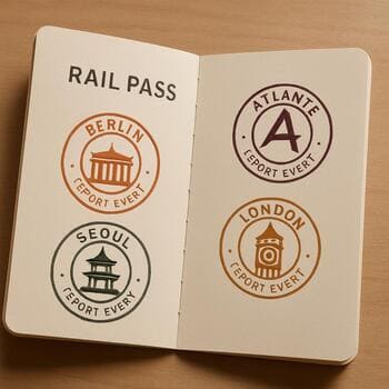 Rail pass booklet with city stamps