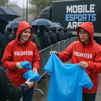 Volunteers handing out rain ponchos near the queue