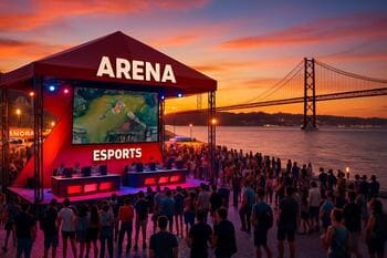 Lisbon riverside pop-up arena at sunset