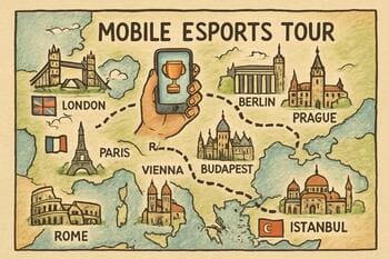 Hand-drawn tour map with a dashed route across Europe