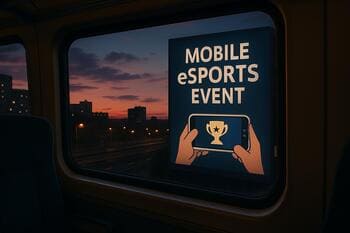 View from a train window at dusk